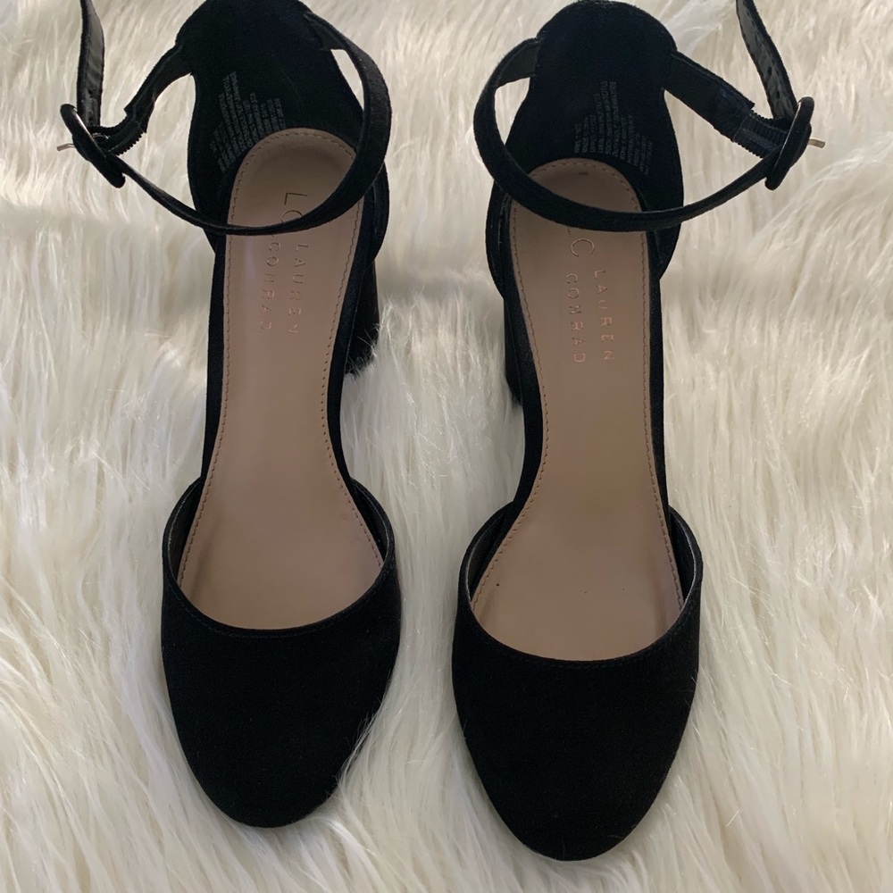 Lauren Contad Black Heels Ankle Strap Shoes